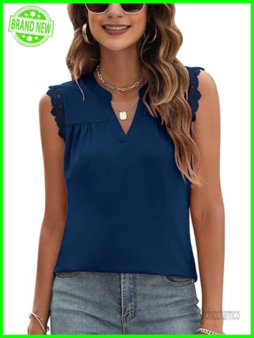 Sleeveless V-Neck Tank Top Lace Trim Loose Fit Tunic Blouse Summer